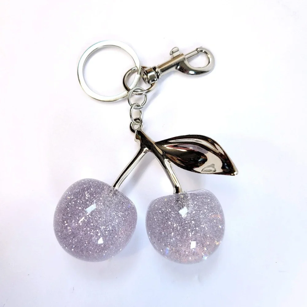 Bag Charm Keychain Glitter Resin Double Cherry Silver Womens Blossom Fairycore